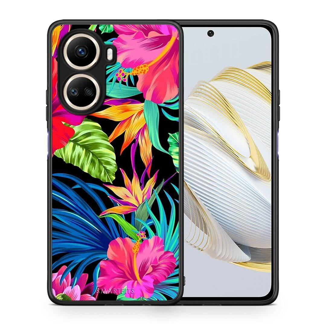 Θήκη Huawei Nova 10 SE Tropical Flowers από τη Smartfits με σχέδιο στο πίσω μέρος και μαύρο περίβλημα | Huawei Nova 10 SE Tropical Flowers Case with Colorful Back and Black Bezels