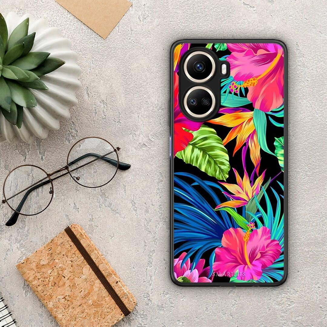 Θήκη Huawei Nova 10 SE Tropical Flowers από τη Smartfits με σχέδιο στο πίσω μέρος και μαύρο περίβλημα | Huawei Nova 10 SE Tropical Flowers Case with Colorful Back and Black Bezels