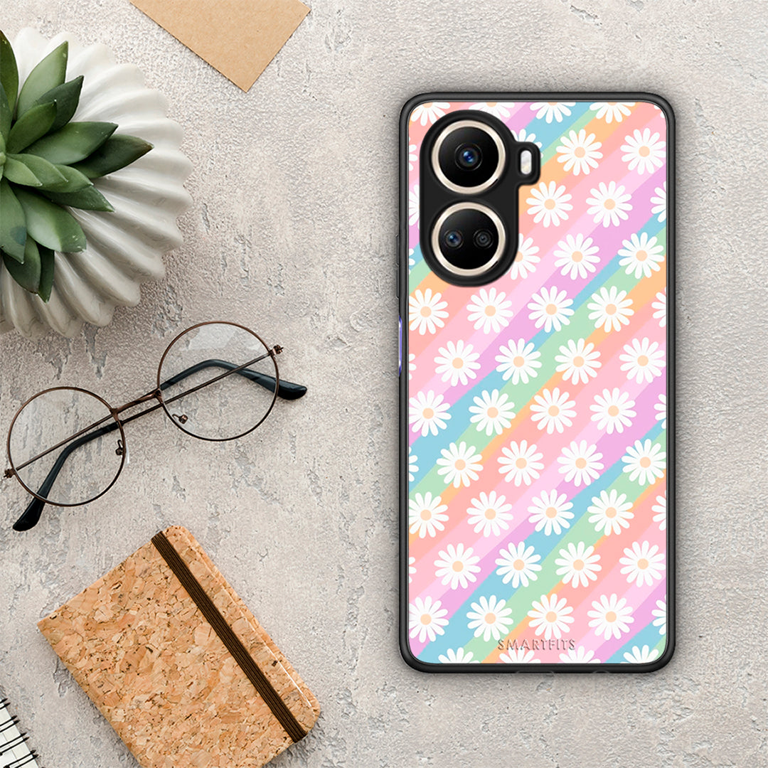Θήκη Huawei Nova 10 SE White Daisies από τη Smartfits με σχέδιο στο πίσω μέρος και μαύρο περίβλημα | Huawei Nova 10 SE White Daisies Case with Colorful Back and Black Bezels