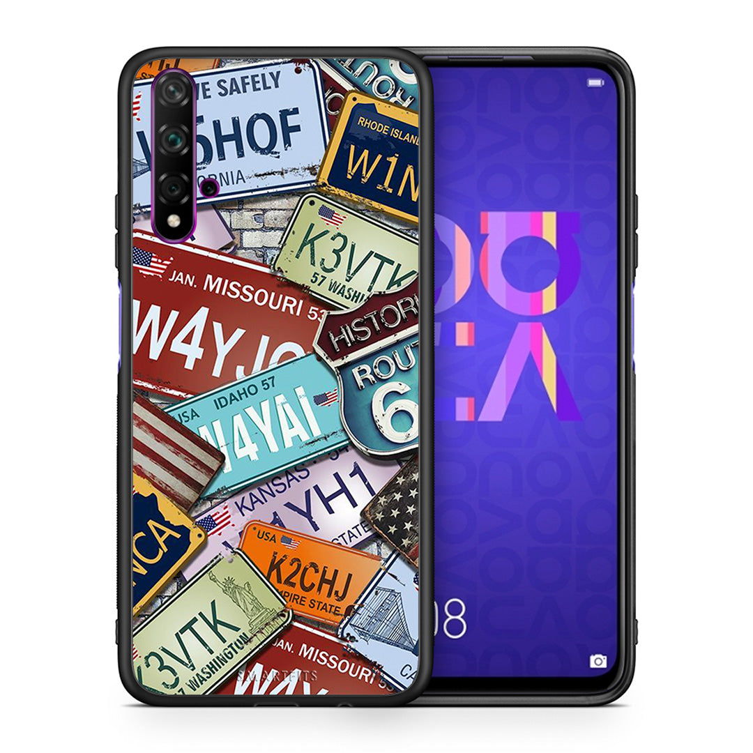 Θήκη Huawei Nova 5T/Honor 20 Car Plates από τη Smartfits με σχέδιο στο πίσω μέρος και μαύρο περίβλημα | Huawei Nova 5T/Honor 20 Car Plates case with colorful back and black bezels