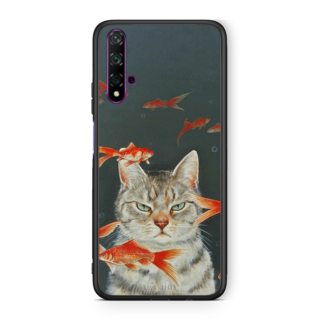 Huawei Nova 5T Cat Goldfish θήκη από τη Smartfits με σχέδιο στο πίσω μέρος και μαύρο περίβλημα | Smartphone case with colorful back and black bezels by Smartfits