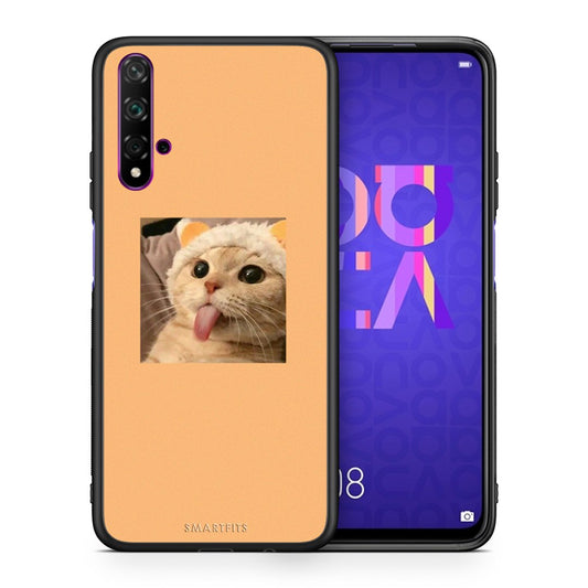 Θήκη Huawei Nova 5T/Honor 20 Cat Tongue από τη Smartfits με σχέδιο στο πίσω μέρος και μαύρο περίβλημα | Huawei Nova 5T/Honor 20 Cat Tongue case with colorful back and black bezels