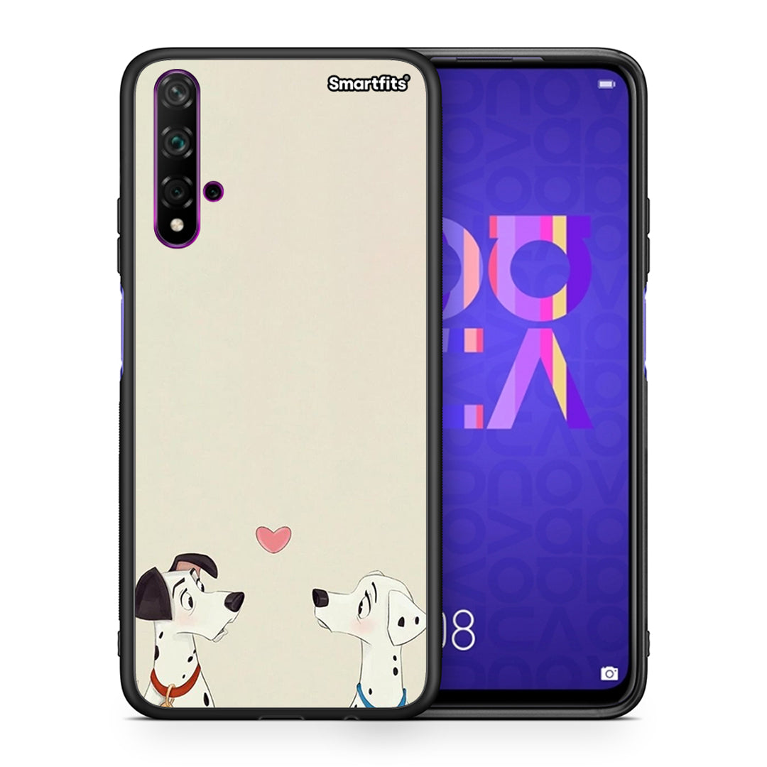 Θήκη Huawei Nova 5T/Honor 20 Dalmatians Love από τη Smartfits με σχέδιο στο πίσω μέρος και μαύρο περίβλημα | Huawei Nova 5T/Honor 20 Dalmatians Love case with colorful back and black bezels
