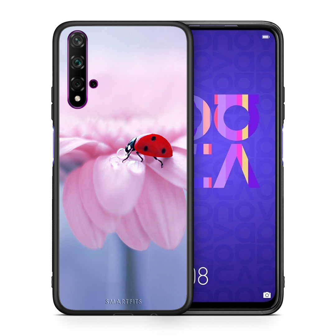 Θήκη Huawei Nova 5T/Honor 20 Ladybug Flower από τη Smartfits με σχέδιο στο πίσω μέρος και μαύρο περίβλημα | Huawei Nova 5T/Honor 20 Ladybug Flower case with colorful back and black bezels