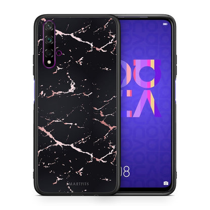 Θήκη Huawei Nova 5T/Honor 20 Black Rosegold Marble από τη Smartfits με σχέδιο στο πίσω μέρος και μαύρο περίβλημα | Huawei Nova 5T/Honor 20 Black Rosegold Marble case with colorful back and black bezels