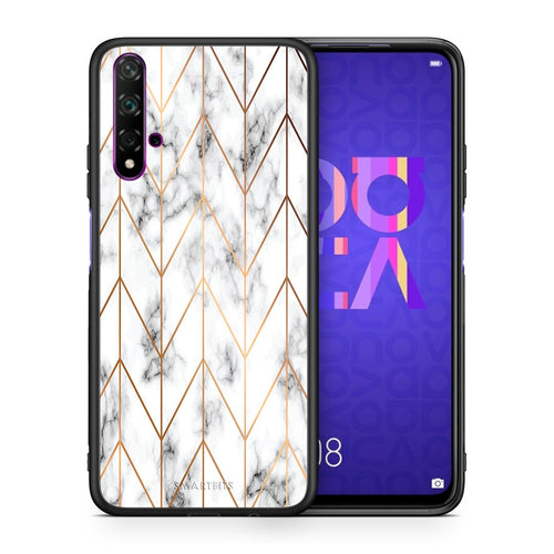 Θήκη Huawei Nova 5T/Honor 20 Gold Geometric Marble από τη Smartfits με σχέδιο στο πίσω μέρος και μαύρο περίβλημα | Huawei Nova 5T/Honor 20 Gold Geometric Marble case with colorful back and black bezels