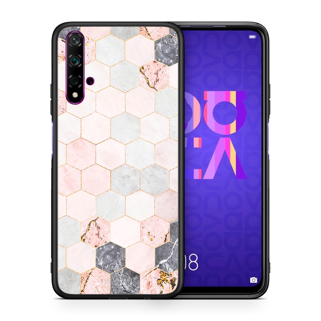 Θήκη Huawei Nova 5T/Honor 20 Hexagon Pink Marble από τη Smartfits με σχέδιο στο πίσω μέρος και μαύρο περίβλημα | Huawei Nova 5T/Honor 20 Hexagon Pink Marble case with colorful back and black bezels