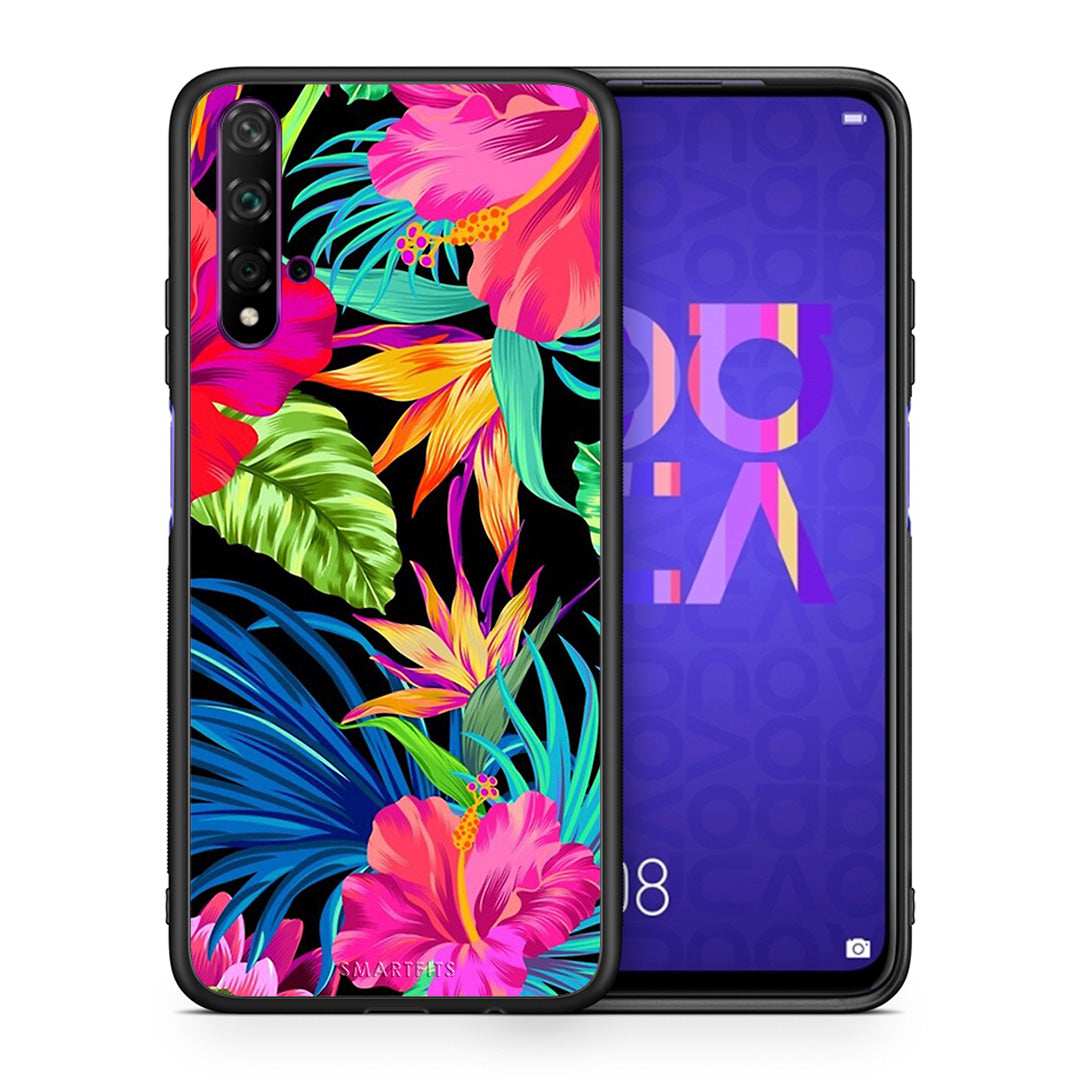 Θήκη Huawei Nova 5T/Honor 20 Tropical Flowers από τη Smartfits με σχέδιο στο πίσω μέρος και μαύρο περίβλημα | Huawei Nova 5T/Honor 20 Tropical Flowers case with colorful back and black bezels
