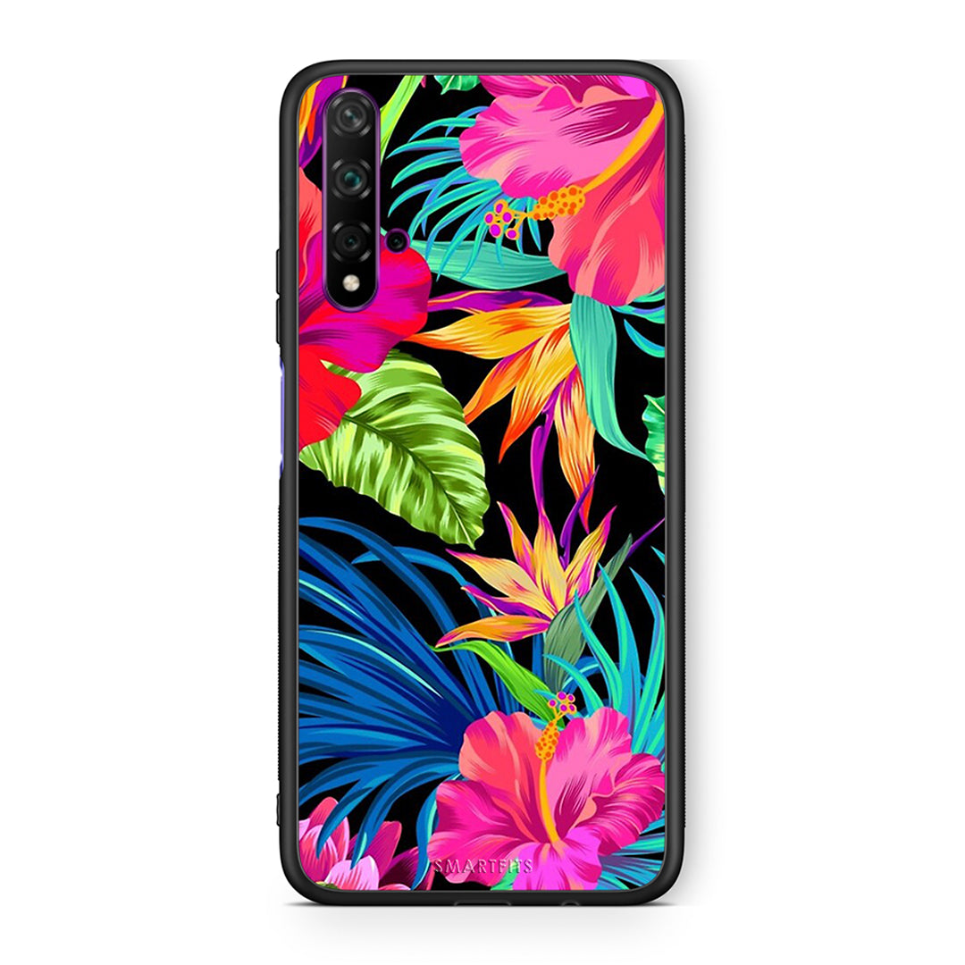 Huawei Nova 5T Tropical Flowers θήκη από τη Smartfits με σχέδιο στο πίσω μέρος και μαύρο περίβλημα | Smartphone case with colorful back and black bezels by Smartfits