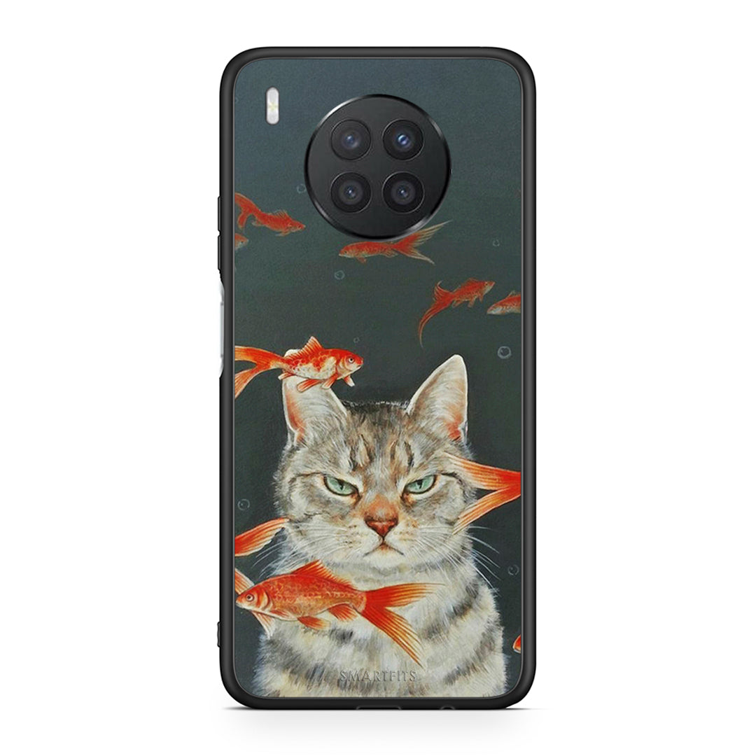 Huawei Nova 8i / Honor 50 Lite Cat Goldfish θήκη από τη Smartfits με σχέδιο στο πίσω μέρος και μαύρο περίβλημα | Smartphone case with colorful back and black bezels by Smartfits