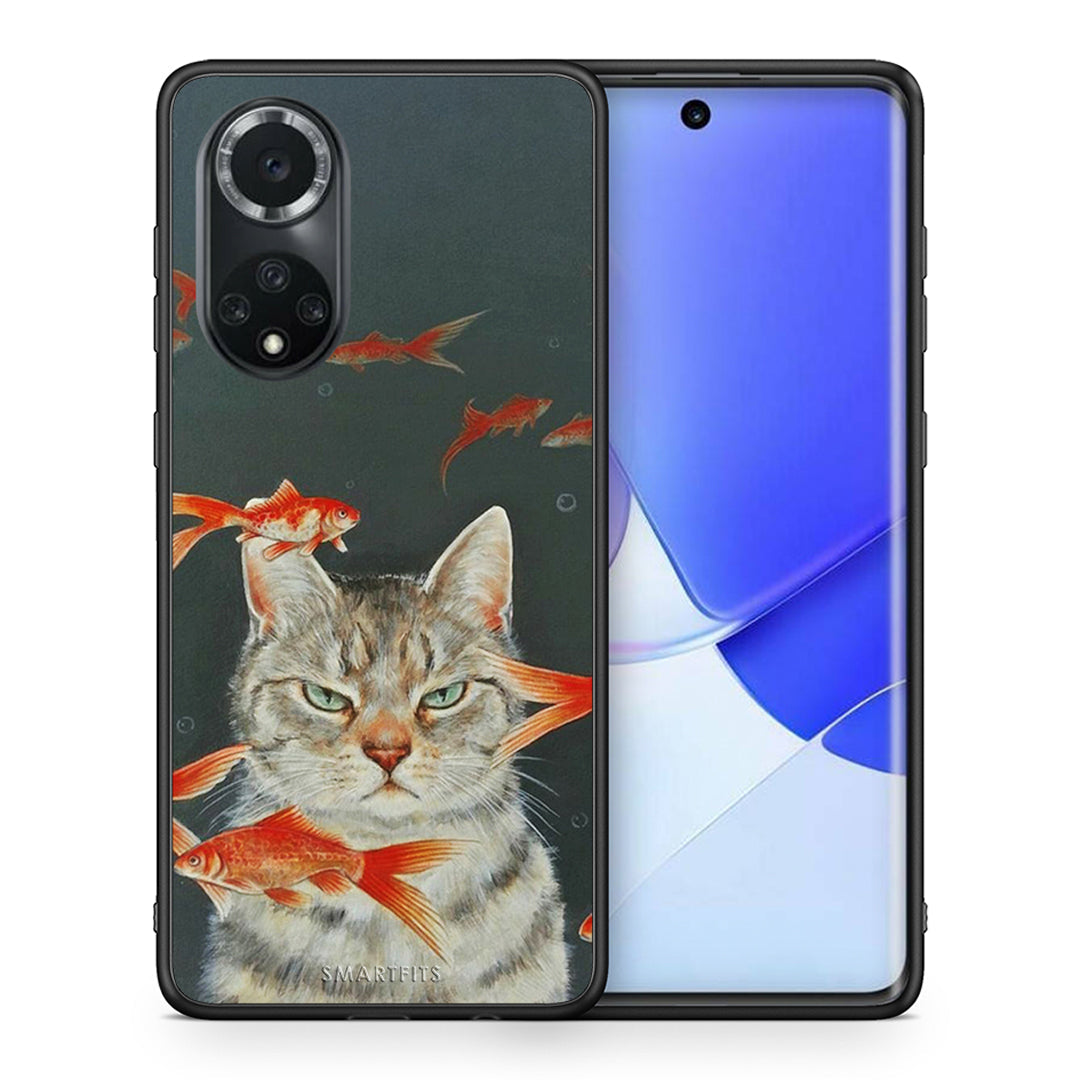 Θήκη Huawei Nova 9/Honor 50 Cat Goldfish από τη Smartfits με σχέδιο στο πίσω μέρος και μαύρο περίβλημα | Huawei Nova 9/Honor 50 Cat Goldfish case with colorful back and black bezels