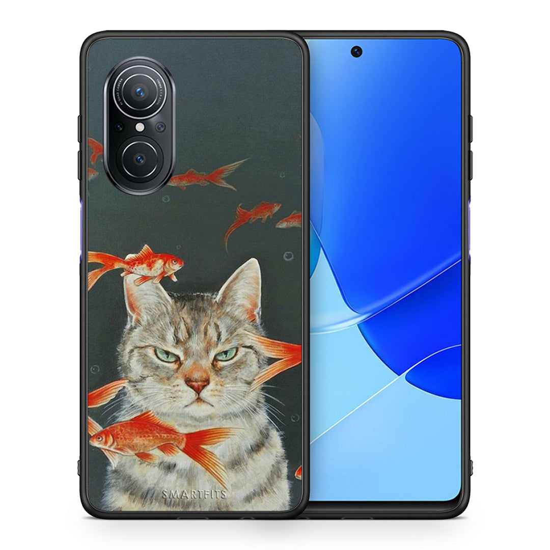Θήκη Huawei Nova 9 SE Cat Goldfish από τη Smartfits με σχέδιο στο πίσω μέρος και μαύρο περίβλημα | Huawei Nova 9 SE Cat Goldfish case with colorful back and black bezels