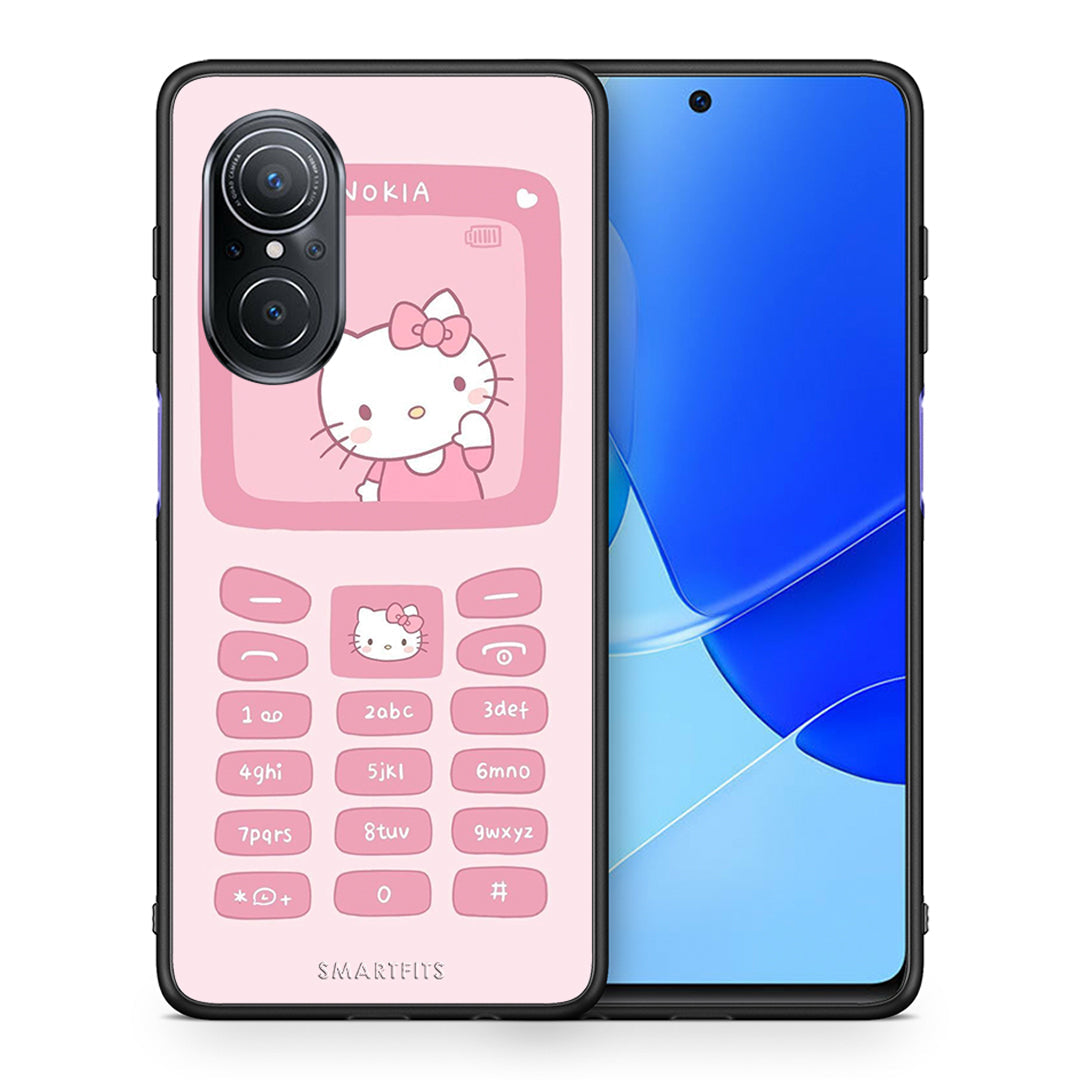 Θήκη Αγίου Βαλεντίνου Huawei Nova 9 SE Hello Kitten από τη Smartfits με σχέδιο στο πίσω μέρος και μαύρο περίβλημα | Huawei Nova 9 SE Hello Kitten case with colorful back and black bezels