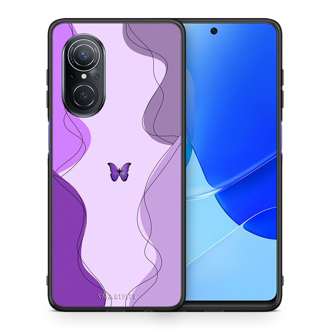 Θήκη Αγίου Βαλεντίνου Huawei Nova 9 SE Purple Mariposa από τη Smartfits με σχέδιο στο πίσω μέρος και μαύρο περίβλημα | Huawei Nova 9 SE Purple Mariposa case with colorful back and black bezels