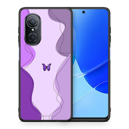 Θήκη Αγίου Βαλεντίνου Huawei Nova 9 SE Purple Mariposa από τη Smartfits με σχέδιο στο πίσω μέρος και μαύρο περίβλημα | Huawei Nova 9 SE Purple Mariposa case with colorful back and black bezels