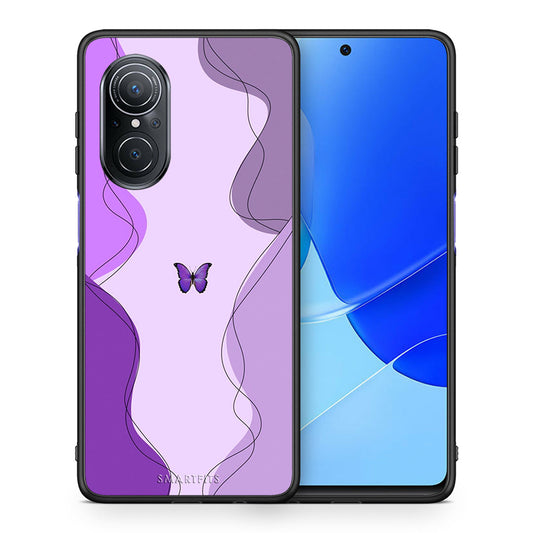 Θήκη Αγίου Βαλεντίνου Huawei Nova 9 SE Purple Mariposa από τη Smartfits με σχέδιο στο πίσω μέρος και μαύρο περίβλημα | Huawei Nova 9 SE Purple Mariposa case with colorful back and black bezels