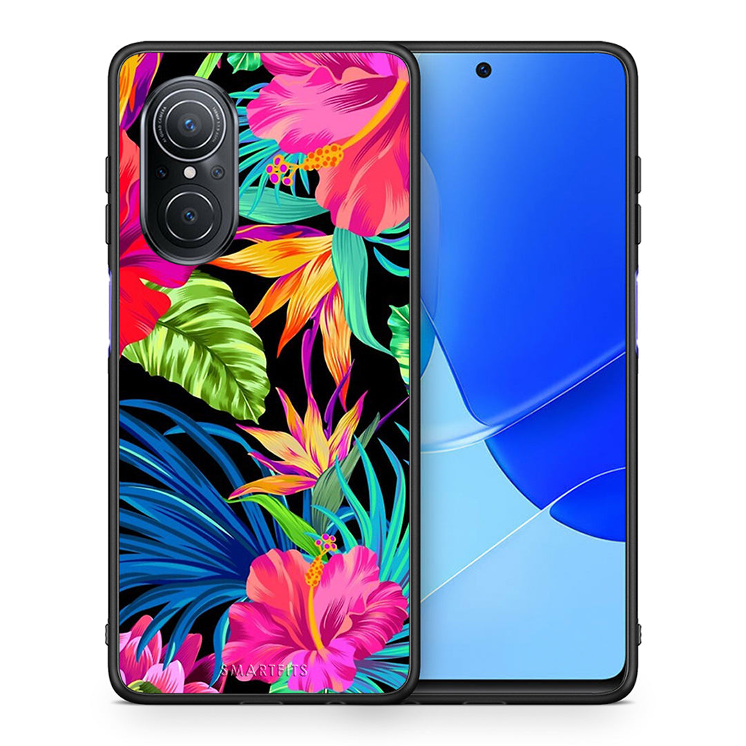 Θήκη Huawei Nova 9 SE Tropical Flowers από τη Smartfits με σχέδιο στο πίσω μέρος και μαύρο περίβλημα | Huawei Nova 9 SE Tropical Flowers case with colorful back and black bezels