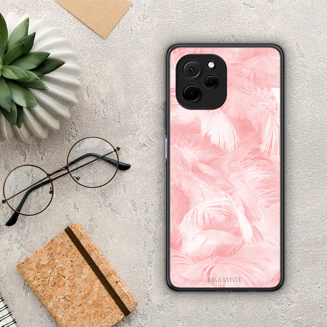 Θήκη Huawei Nova Y61 Boho Pink Feather από τη Smartfits με σχέδιο στο πίσω μέρος και μαύρο περίβλημα | Huawei Nova Y61 Boho Pink Feather Case with Colorful Back and Black Bezels