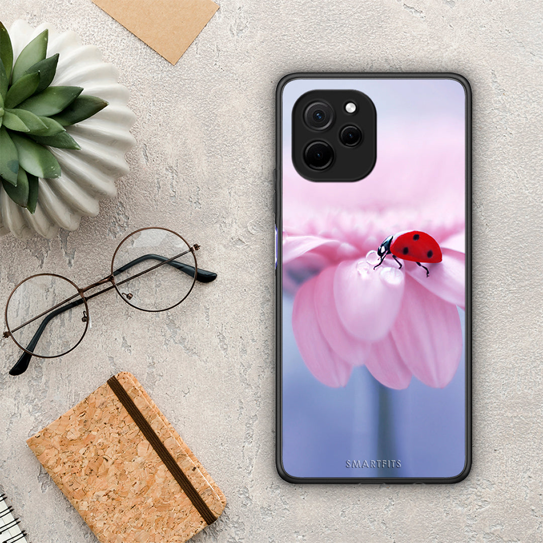 Θήκη Huawei Nova Y61 Ladybug Flower από τη Smartfits με σχέδιο στο πίσω μέρος και μαύρο περίβλημα | Huawei Nova Y61 Ladybug Flower Case with Colorful Back and Black Bezels