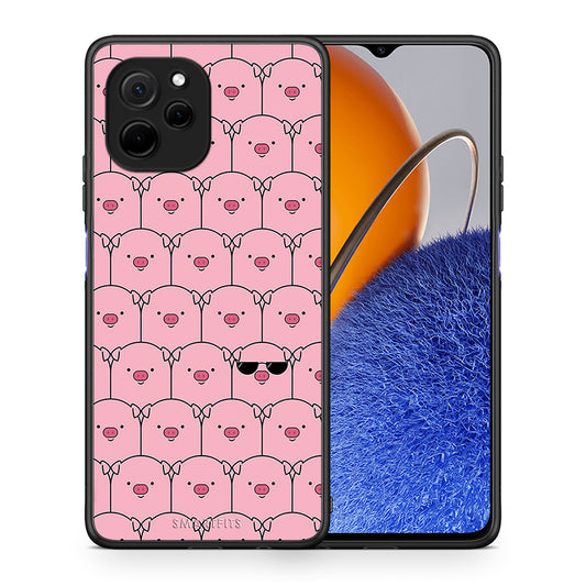 Θήκη Huawei Nova Y61 Pig Glasses από τη Smartfits με σχέδιο στο πίσω μέρος και μαύρο περίβλημα | Huawei Nova Y61 Pig Glasses Case with Colorful Back and Black Bezels