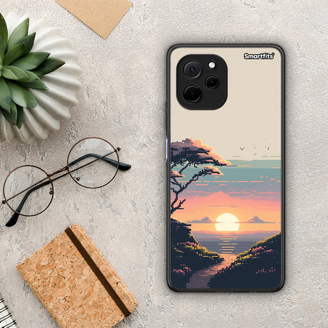 Θήκη Huawei Nova Y61 Pixel Sunset από τη Smartfits με σχέδιο στο πίσω μέρος και μαύρο περίβλημα | Huawei Nova Y61 Pixel Sunset Case with Colorful Back and Black Bezels