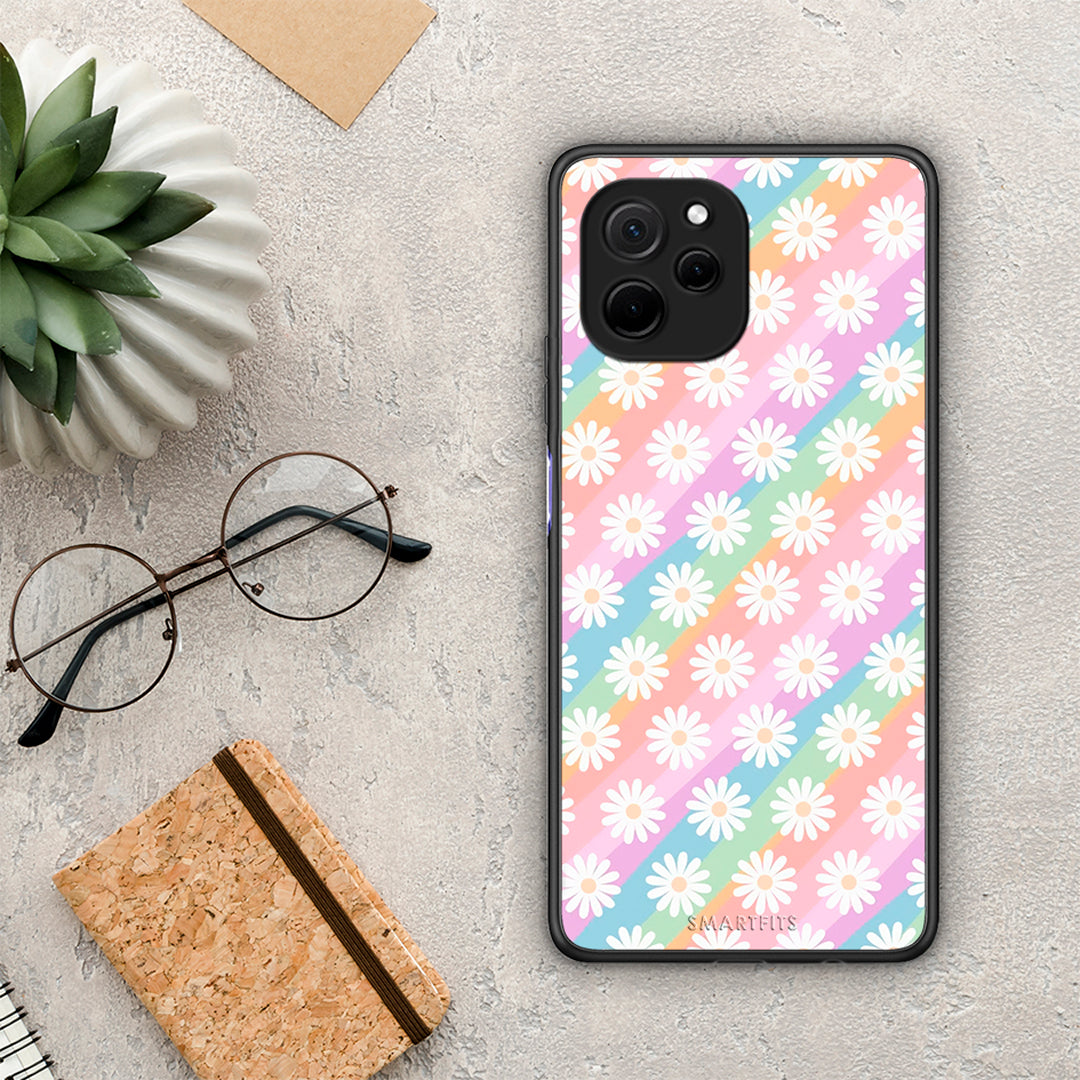 Θήκη Huawei Nova Y61 White Daisies από τη Smartfits με σχέδιο στο πίσω μέρος και μαύρο περίβλημα | Huawei Nova Y61 White Daisies Case with Colorful Back and Black Bezels