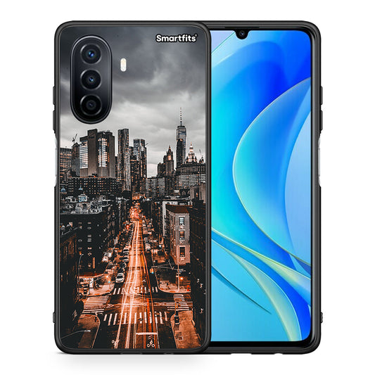 Θήκη Huawei Nova Y70 City Lights από τη Smartfits με σχέδιο στο πίσω μέρος και μαύρο περίβλημα | Huawei Nova Y70 City Lights case with colorful back and black bezels