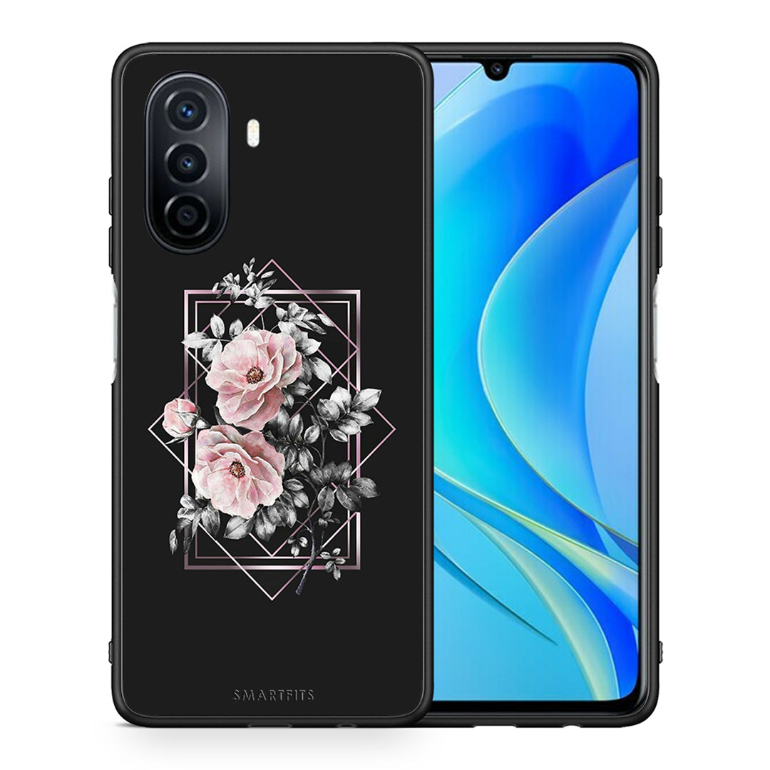 Θήκη Huawei Nova Y70 Frame Flower από τη Smartfits με σχέδιο στο πίσω μέρος και μαύρο περίβλημα | Huawei Nova Y70 Frame Flower case with colorful back and black bezels