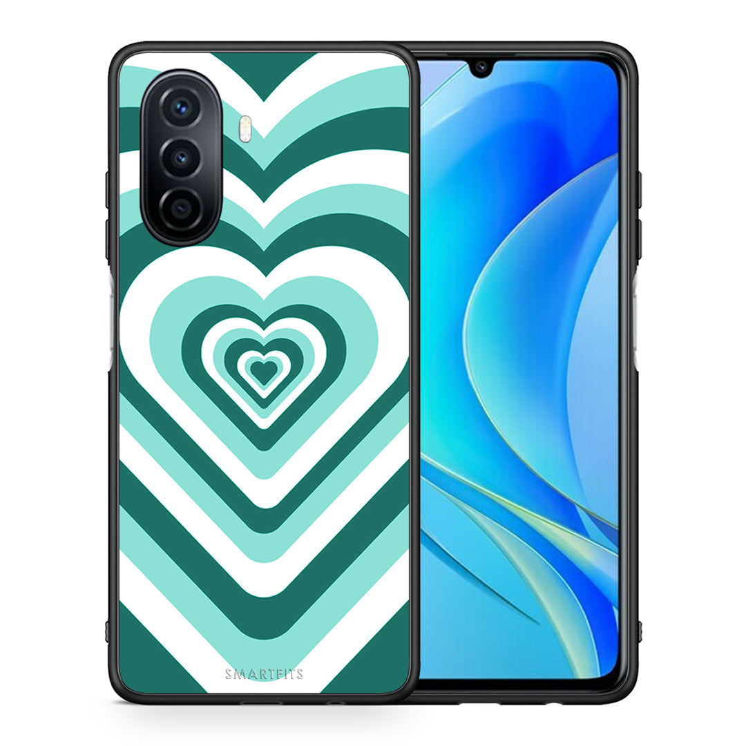 Θήκη Huawei Nova Y70 Green Hearts από τη Smartfits με σχέδιο στο πίσω μέρος και μαύρο περίβλημα | Huawei Nova Y70 Green Hearts case with colorful back and black bezels