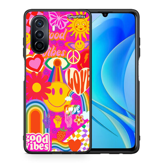 Θήκη Huawei Nova Y70 Hippie Love από τη Smartfits με σχέδιο στο πίσω μέρος και μαύρο περίβλημα | Huawei Nova Y70 Hippie Love case with colorful back and black bezels