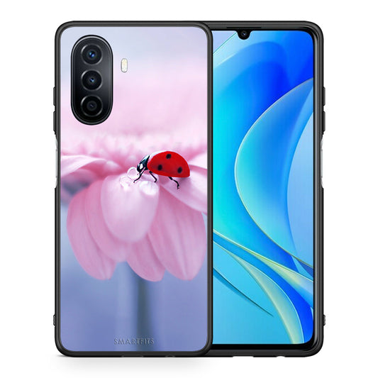 Θήκη Huawei Nova Y70 Ladybug Flower από τη Smartfits με σχέδιο στο πίσω μέρος και μαύρο περίβλημα | Huawei Nova Y70 Ladybug Flower case with colorful back and black bezels