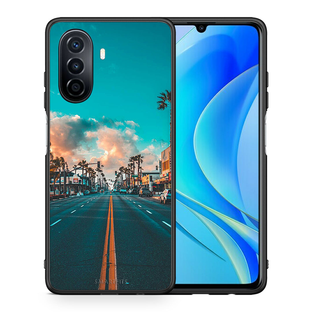 Θήκη Huawei Nova Y70 City Landscape από τη Smartfits με σχέδιο στο πίσω μέρος και μαύρο περίβλημα | Huawei Nova Y70 City Landscape case with colorful back and black bezels