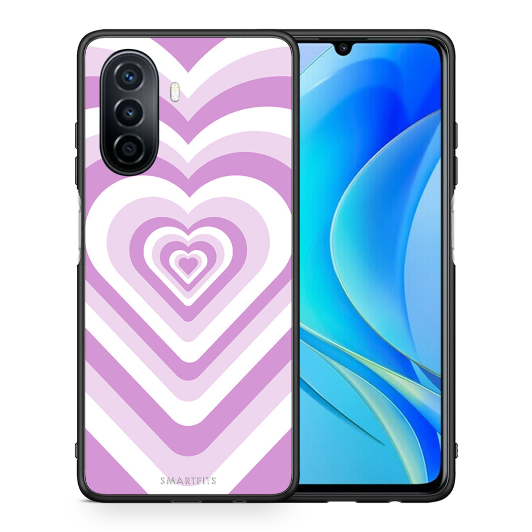 Θήκη Huawei Nova Y70 Lilac Hearts από τη Smartfits με σχέδιο στο πίσω μέρος και μαύρο περίβλημα | Huawei Nova Y70 Lilac Hearts case with colorful back and black bezels