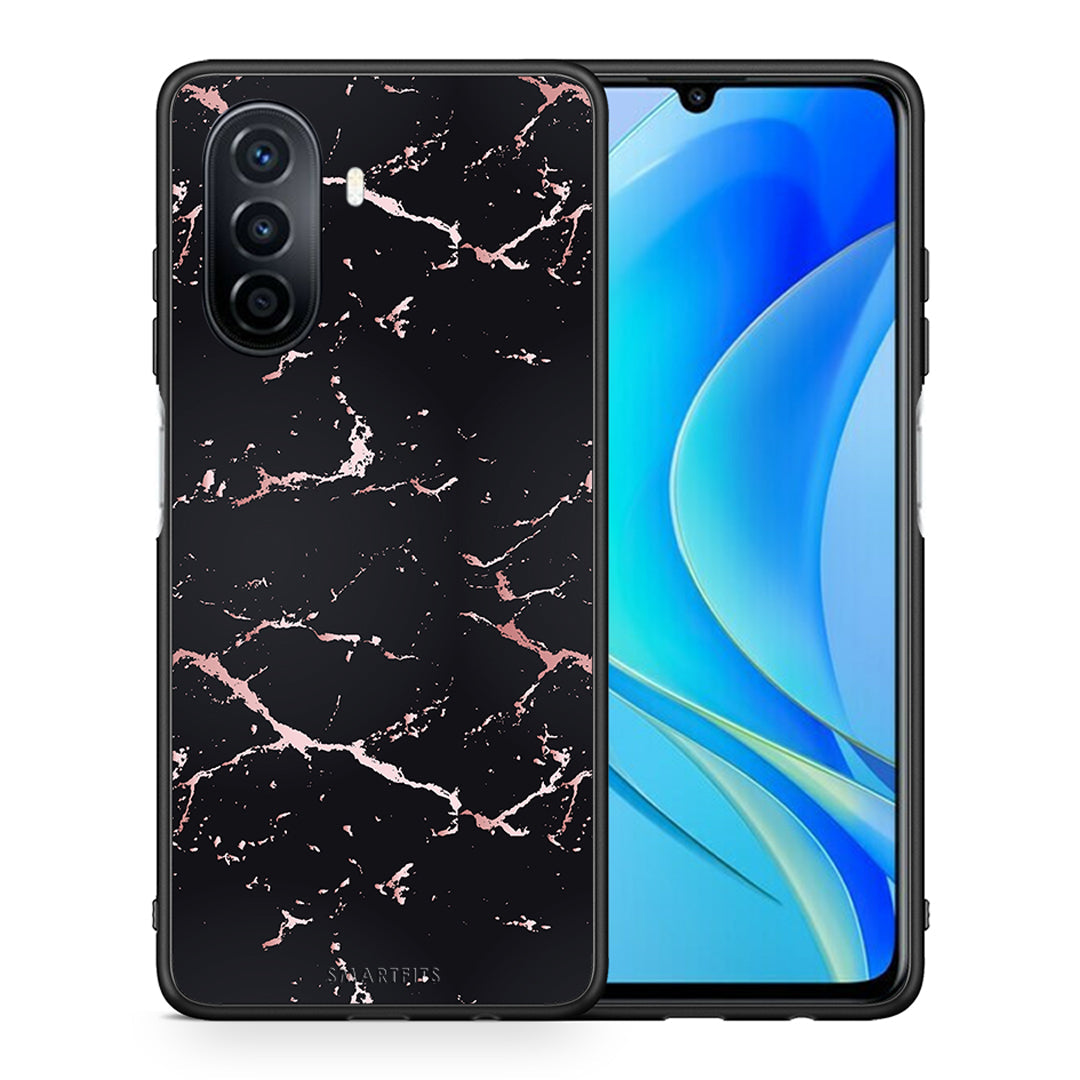 Θήκη Huawei Nova Y70 Black Rosegold Marble από τη Smartfits με σχέδιο στο πίσω μέρος και μαύρο περίβλημα | Huawei Nova Y70 Black Rosegold Marble case with colorful back and black bezels