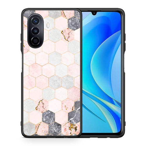 Θήκη Huawei Nova Y70 Hexagon Pink Marble από τη Smartfits με σχέδιο στο πίσω μέρος και μαύρο περίβλημα | Huawei Nova Y70 Hexagon Pink Marble case with colorful back and black bezels