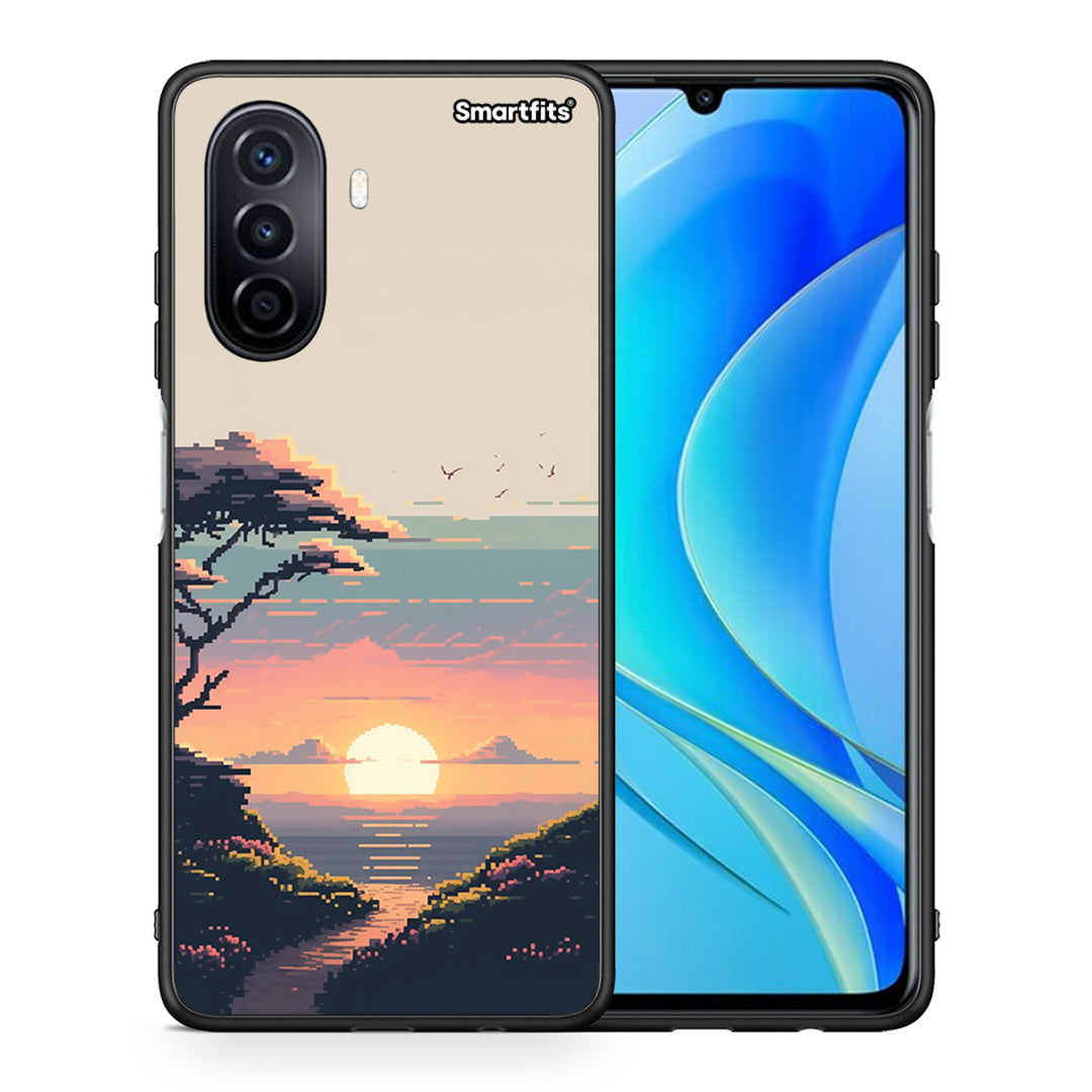 Θήκη Huawei Nova Y70 Pixel Sunset από τη Smartfits με σχέδιο στο πίσω μέρος και μαύρο περίβλημα | Huawei Nova Y70 Pixel Sunset case with colorful back and black bezels