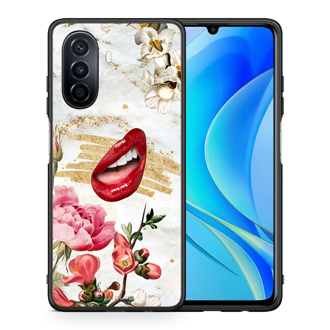 Θήκη Huawei Nova Y70 Red Lips από τη Smartfits με σχέδιο στο πίσω μέρος και μαύρο περίβλημα | Huawei Nova Y70 Red Lips case with colorful back and black bezels