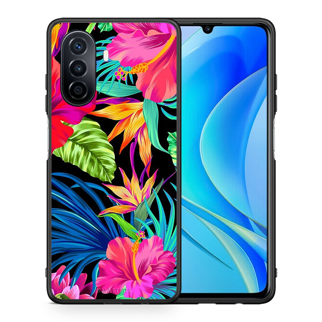 Θήκη Huawei Nova Y70 Tropical Flowers από τη Smartfits με σχέδιο στο πίσω μέρος και μαύρο περίβλημα | Huawei Nova Y70 Tropical Flowers case with colorful back and black bezels