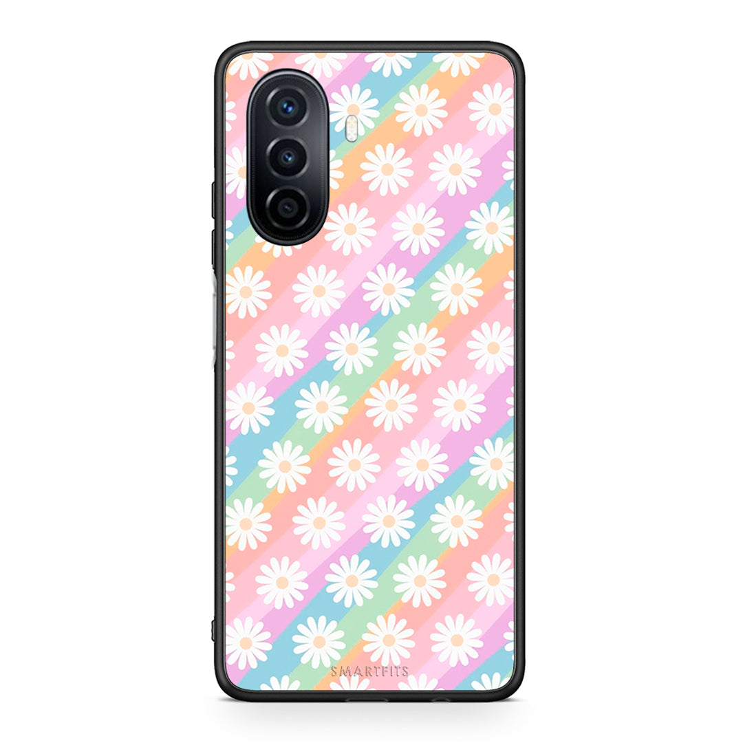 Huawei Nova Y70 White Daisies θήκη από τη Smartfits με σχέδιο στο πίσω μέρος και μαύρο περίβλημα | Smartphone case with colorful back and black bezels by Smartfits
