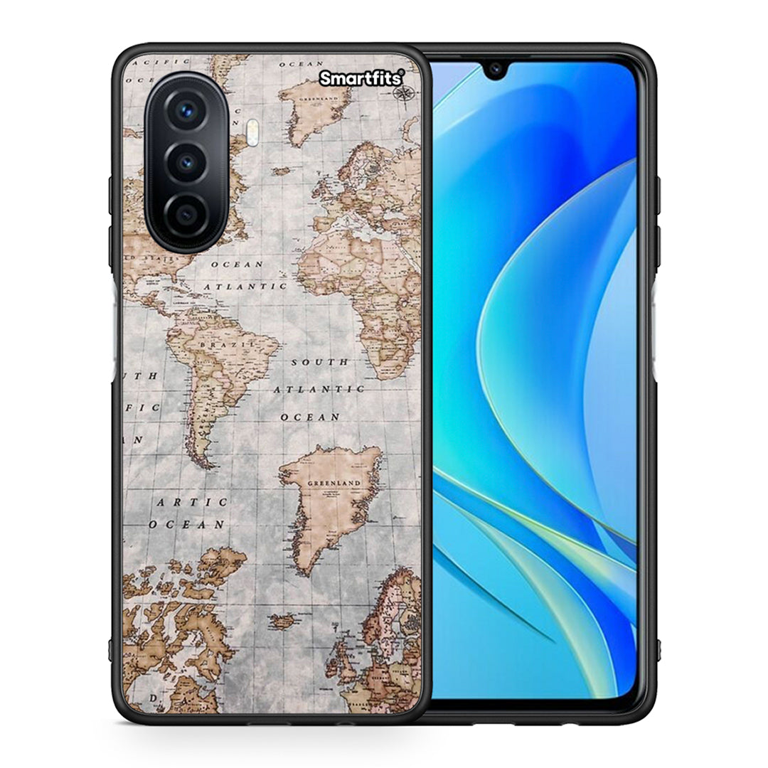Θήκη Huawei Nova Y70 World Map από τη Smartfits με σχέδιο στο πίσω μέρος και μαύρο περίβλημα | Huawei Nova Y70 World Map case with colorful back and black bezels