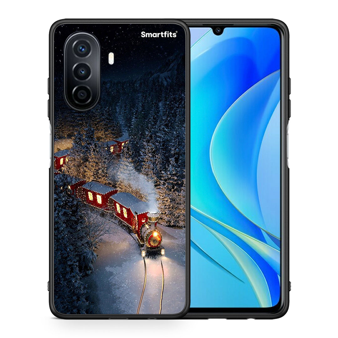 Θήκη Huawei Nova Y70 Xmas Train από τη Smartfits με σχέδιο στο πίσω μέρος και μαύρο περίβλημα | Huawei Nova Y70 Xmas Train case with colorful back and black bezels