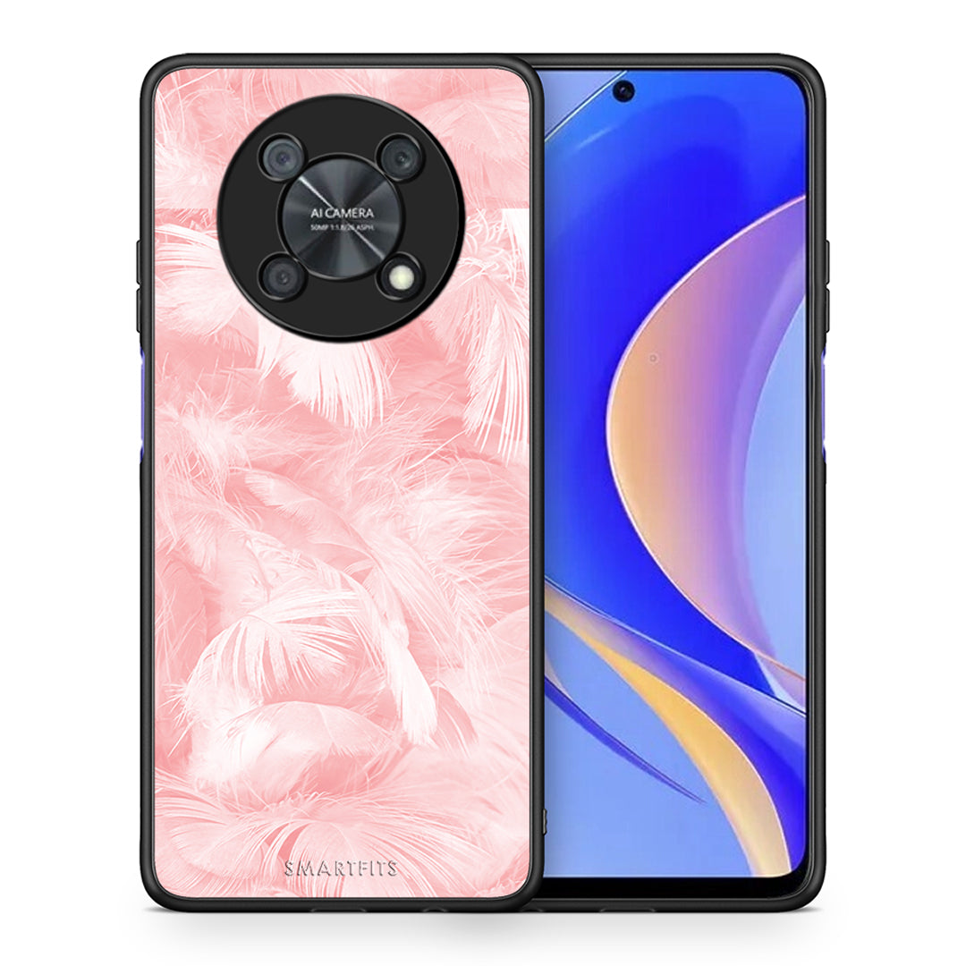 Θήκη Huawei Nova Y90 Pink Feather Boho από τη Smartfits με σχέδιο στο πίσω μέρος και μαύρο περίβλημα | Huawei Nova Y90 Pink Feather Boho case with colorful back and black bezels