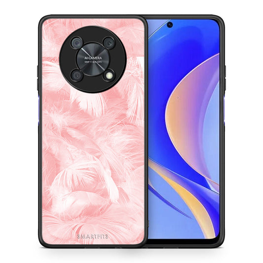 Θήκη Huawei Nova Y90 Pink Feather Boho από τη Smartfits με σχέδιο στο πίσω μέρος και μαύρο περίβλημα | Huawei Nova Y90 Pink Feather Boho case with colorful back and black bezels