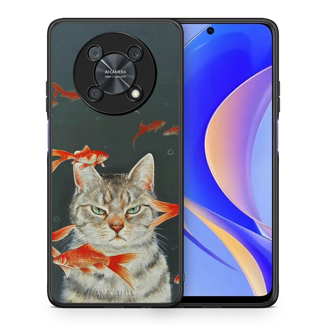 Θήκη Huawei Nova Y90 Cat Goldfish από τη Smartfits με σχέδιο στο πίσω μέρος και μαύρο περίβλημα | Huawei Nova Y90 Cat Goldfish case with colorful back and black bezels