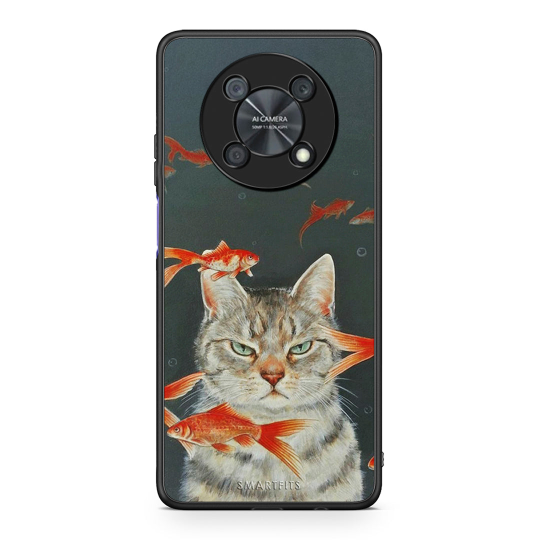 Huawei Nova Y90 Cat Goldfish θήκη από τη Smartfits με σχέδιο στο πίσω μέρος και μαύρο περίβλημα | Smartphone case with colorful back and black bezels by Smartfits