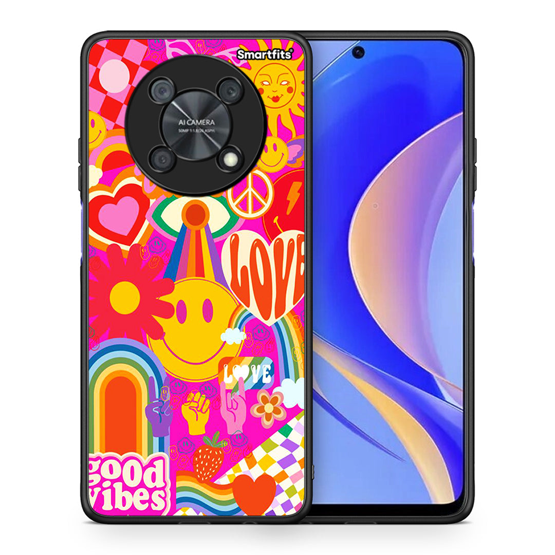 Θήκη Huawei Nova Y90 Hippie Love από τη Smartfits με σχέδιο στο πίσω μέρος και μαύρο περίβλημα | Huawei Nova Y90 Hippie Love case with colorful back and black bezels
