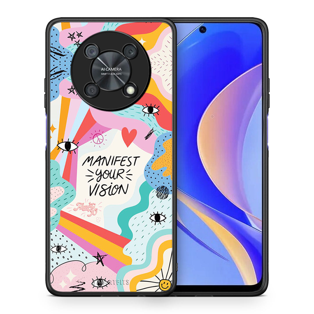Θήκη Huawei Nova Y90 Manifest Your Vision από τη Smartfits με σχέδιο στο πίσω μέρος και μαύρο περίβλημα | Huawei Nova Y90 Manifest Your Vision case with colorful back and black bezels