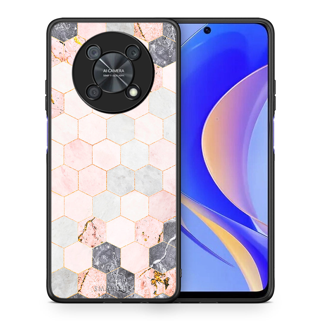 Θήκη Huawei Nova Y90 Hexagon Pink Marble από τη Smartfits με σχέδιο στο πίσω μέρος και μαύρο περίβλημα | Huawei Nova Y90 Hexagon Pink Marble case with colorful back and black bezels
