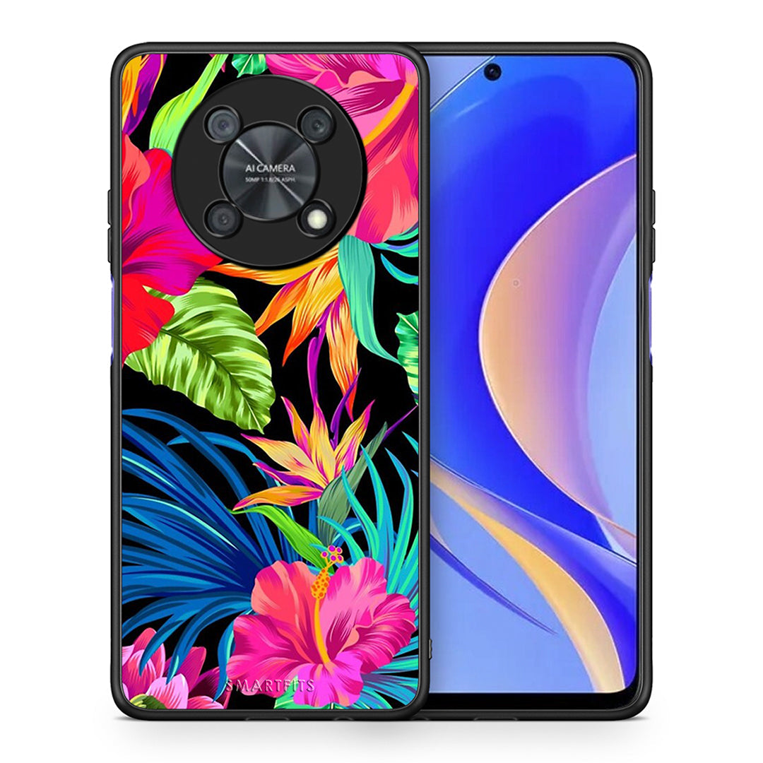 Θήκη Huawei Nova Y90 Tropical Flowers από τη Smartfits με σχέδιο στο πίσω μέρος και μαύρο περίβλημα | Huawei Nova Y90 Tropical Flowers case with colorful back and black bezels