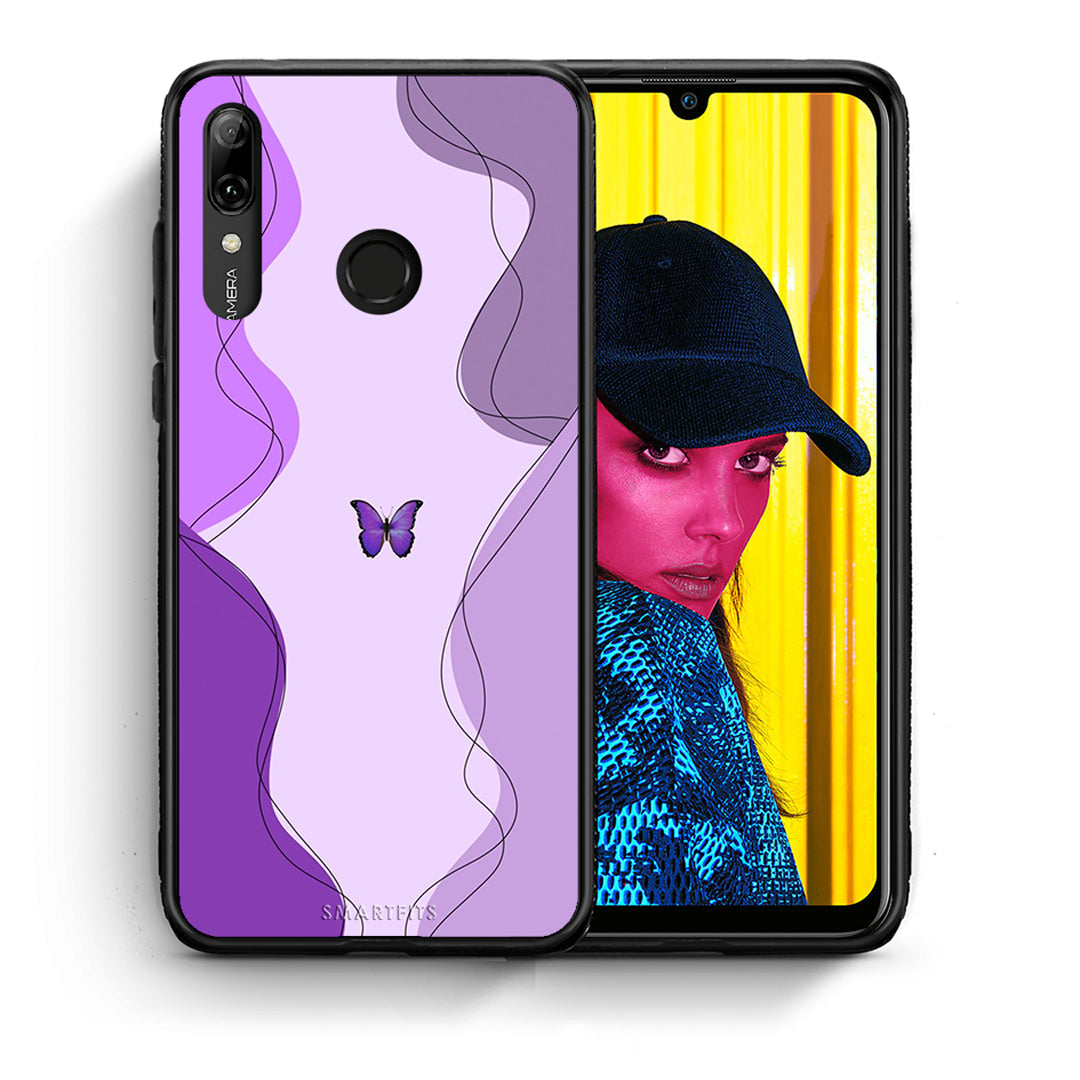 Θήκη Αγίου Βαλεντίνου Huawei P Smart 2019 Purple Mariposa από τη Smartfits με σχέδιο στο πίσω μέρος και μαύρο περίβλημα | Huawei P Smart 2019 Purple Mariposa case with colorful back and black bezels